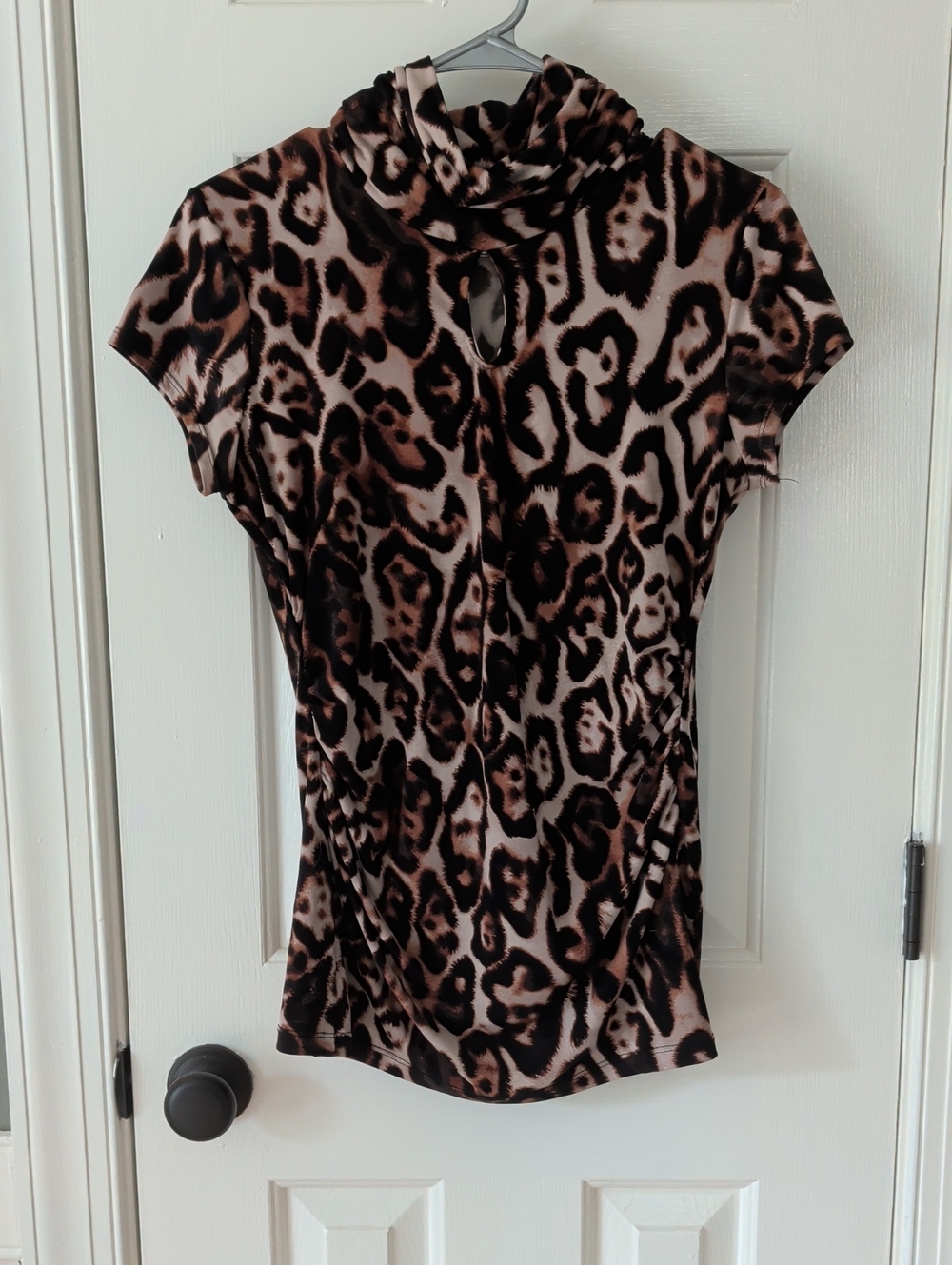 New York & Company Leopard-Print Mock Neck Keyhole Top in Brown